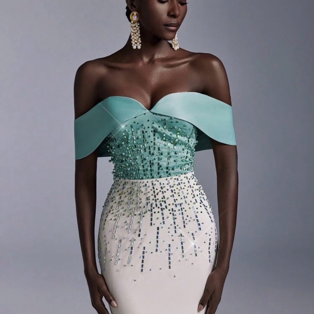 SHEIN Strapless Green and Cream Beaded Dress